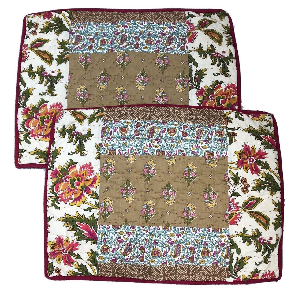 THE COMPANY STORE Set of Quilted Pillow Shams Standard Red & Green Floral Boho